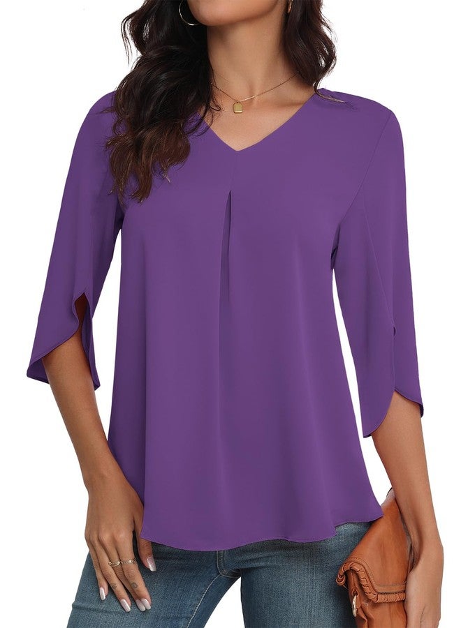 LAOLASI 2025 Blouses for Women Autumn 3/4 Sleeve V Neck Casual Dressy Blouse Work Cute Ladies Tops Shirts,Purple,L - Image 4